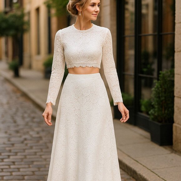 Vintage Dresses & Skirts - VINTAGE JACKSON GRAVES Couture Lace Two Piece Suit XS 0 2 Crop Top Maxi Skirt